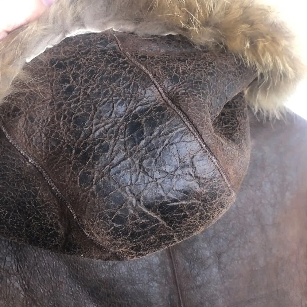 Blue Duck Leather Real Fur Bomber Coat Jacket M Brown Trim Medium - Picture 10 of 10